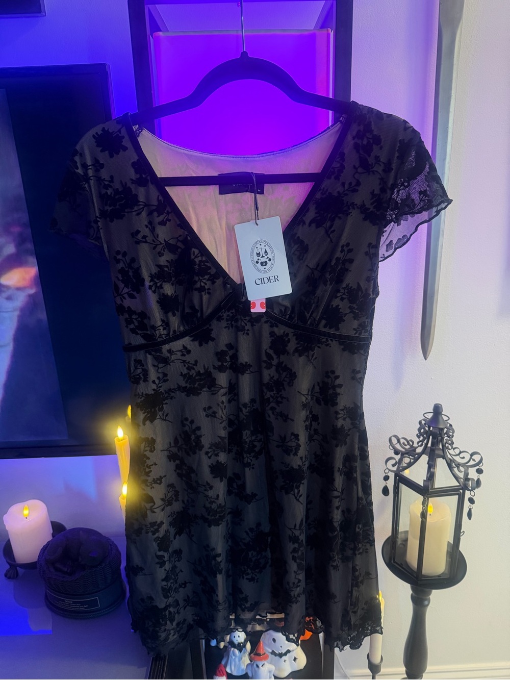 Cider Black Floral Mesh V-Neck Mini Dress with Sheer Overlay NWT M - Picture 7 of 11